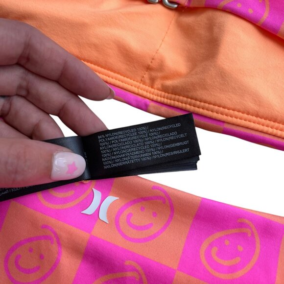 🌸 Hurley Smiley Checker Bikini Set L Neon Pink Orange Swim Top & Bottom - Picture 5 of 7